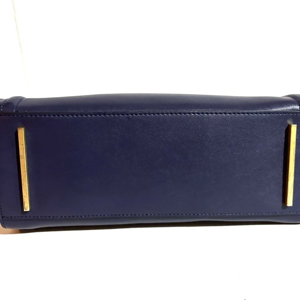 Celine Dion Elegant Navy blue satchel leather Handbag with Gold Accents